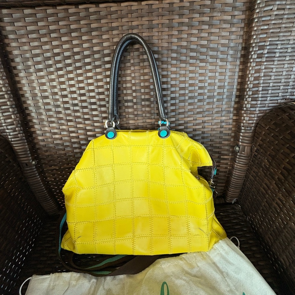 GABS ( Franco Gabbrielli) Sunshine yellow leather pactchwork handbag/satchel GUC